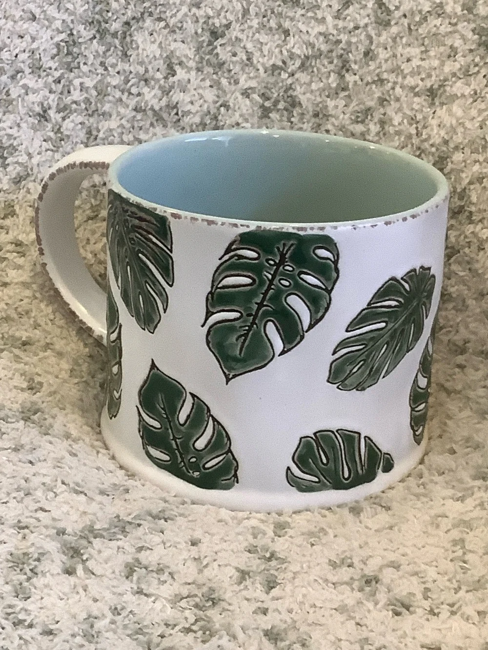 White Tropical Ceramic Mug with Green Monstera Leaf  RS 16oz.